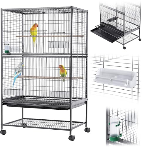 KADAX Vogelvoliere 79 x 52 x 133 cm, Vogelkäfig auf Rollen mit Sitzstangen, Futternäpfen & Wasserspender, Vogelhaus aus Metall, Käfig für Wellensittiche, Papageienkäfig