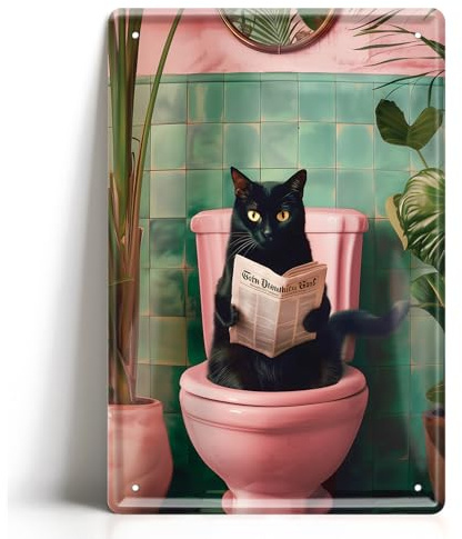 Lustiges Blechschild Katze auf Toilette 20x30cm - Witzige Badezimmer Deko Humor - Surreales Katzen Wandschild Geschenk Tierliebhaber