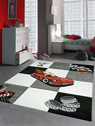 CARPETIA Kinderteppich Spielteppich Jungen Kinderzimmerteppich Auto Rennwagen rot schwarz Größe 120 cm Rund