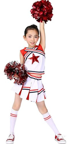 LOLANTA Mädchen Karneval Kostüm, Cheerleader kleid mit Pompoms und Socken, Mittelschule Cheerleading Uniform, Rot, 11-12 Jahre, 160