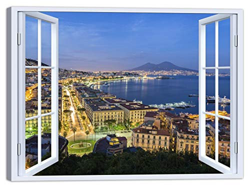 LuxHomeDecor Quadro Finestra su Napoli Vesuvio 100x75 cm Stampa su Tela con Telaio in Legno Arredamento Arte Arredo Moderno