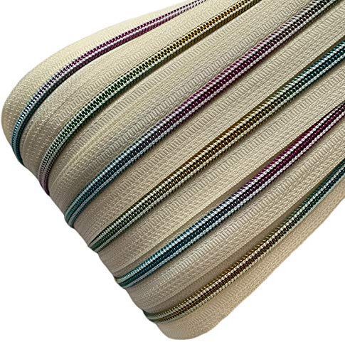 Schnoschi 6 m creme 5mm endlos Reißverschluss mit Regenbogeneffekt 5 mm Laufschiene + 15 Zipper, Spiralreißverschluss