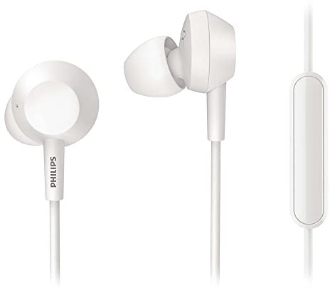 Philips Earphones E4105WT/00 with Microphone (BASS+, Built-In Remote Control, 10-mm Neodymium Driver, 3 Interchangeable Ear Caps, 1.2-m Cable), White – 2020/2021 Model