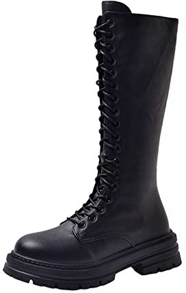Stivali in Pelle Nera da Combattimento Esercito Stivali da Donna in Pelle Antiscivolo Slip-on Punta Tonda Scarpe con Tacco Basso Western (42,Nero)