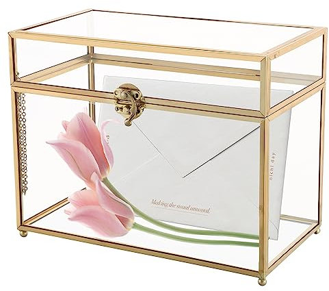 NATGAI Caja de tarjetas de cristal grande geométrica terrario dorado hecho a mano de latón con forma rectangular con pie (25,4 x 14,2 x 19,6 cm)