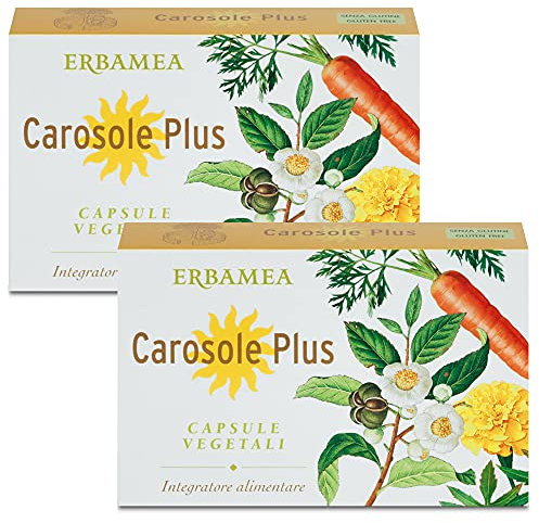 2x Erbamea - CAROSOLE PLUS - 24 capsule - Abbronzatura, Melanina, beta-carotene, coenzima Q10, L-tirosina, Integratore - Pacchetto da 2 confezione da 24 compr. + in OMAGGIO 2 Tisane Funzionali Viropa