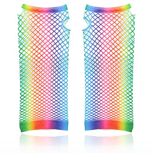 AKH® Lange Fischnetz-Handschuhe in Regenbogenfarben, Einheitsgröße für Damen, fingerlos, Netz-Handschuhe, dehnbar, Regenbogenfarben, Handgelenk-Handschuhe für 80er Jahre, Kostüm, Tutu, Zubehör