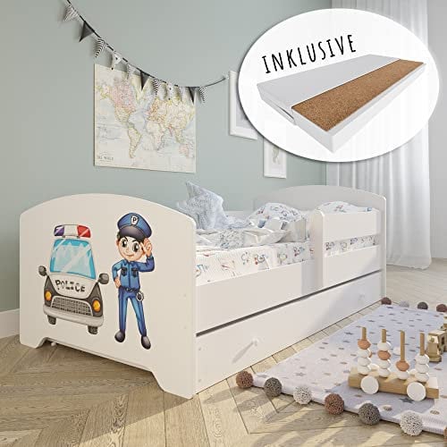 Kinderbett 80x160 cm mit Matratze und Schublade, Rausfallschutz & Lattenrost wahlweise im Dinosaurier, Prinzessinnen, Feuerwehr oder Polizei Design, Bett für Jungen und Mädchen, Skandi Polizei
