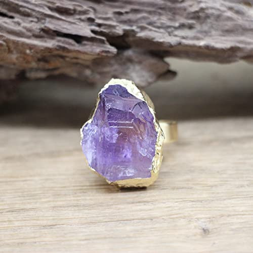 WLLDDDIU Verstellbarer Ring, Rohstein Gold Farbe Verstellbare Ringe Natürliche Amethyst Mode Band Ring Schmuck