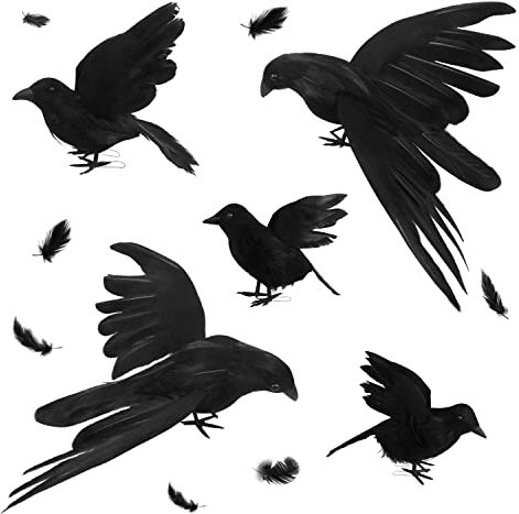 5 Stück Halloween Krähen Dekoration,Halloween Realistische Handmade Krähen Halloween Schwarz gefiederten Krähen Flying Halloween Krähen für Halloween Party im Freien Innenraum Dekoration