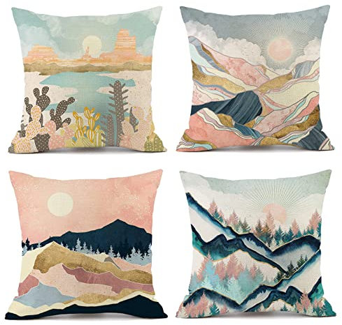OCEUMACO Leinen Kissenbezug 50x50 Berg Sonne Mond Kissenhülle 4er Set Dekokissen Sofakissen Bezug für Couch Sofa Natur Rosa Muster Kissen Kissenbezüge Deko Zierkissen Couchkissen Outdoor