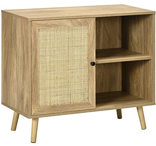 HOMCOM Aparador de Cocina Buffet de Salón Mueble Auxiliar de Cocina con Puerta de Ratán y 2 Estantes de Almacenaje para Comedor 80x39x70 cm Natural