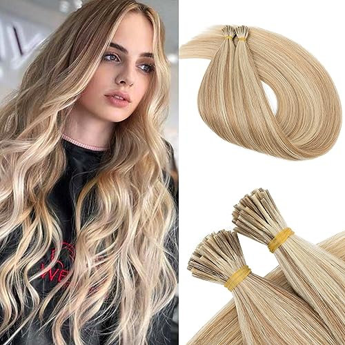 Benehair I Tip Hair Extensions, 100% Real Remy Human Hair Extensions, 18 Inches Stick Tip Keratin Hair Extension 1g/s, 50g/Pack Human Hair Extension for Thinning Hair Golden Brown&Bleach Blonde