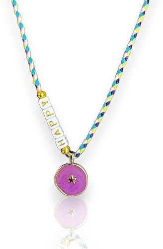 happymaker - Boho Schmuck, Sommer Halskette lang Damen mit Buchstaben und Anhänger • Happy • handmade und größenverstellbar, Surferkette für Frauen und Mädchen