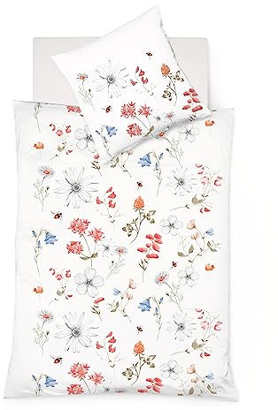 fleuresse 113825, sommerliche Mako-Satin-Bettwäsche, sommerliche Blumen mit Bienen, Oeko-TEX® Standard 100 Zertifiziert, 155 x 200 cm, Fb. Rot