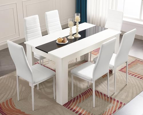 Blisswood Dining Table Set, Dining Table and Chair Set, Pu Leather Dining Room Chairs and 17mm Thick Table Top Long Modern Dining Table Set (White & Black Dining Table And 6 White Chair)