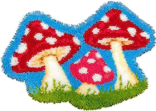 ZFFLYH Latch Hook Kits for Adults Kids, DIY Rug Tapestry Crochet Yarn Kits Crafts Mat Cushion Embroidery Arts with Printed Canvas for Home Decor Festival Gift,3 Mushrooms