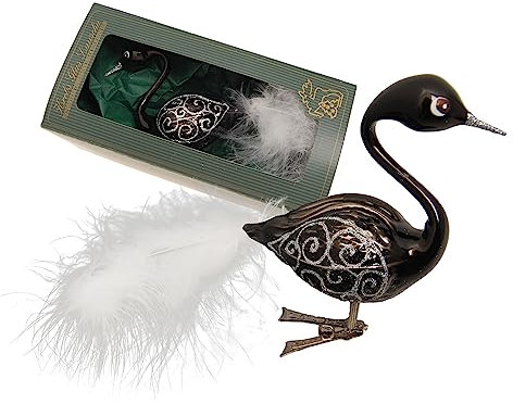 Krebs Glas Lauscha - Weihnachtsbaumdekoration - Glas-Schwan - Farbe: Schwarz - Größe: 9 cm + 5 cm Echtfeder