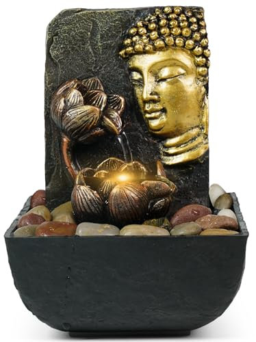 Ferrisland Buddha Tabletop Water Fountain Indoor - Zem Meditation RelaxingTabletop Waterfall Fountain with Light and Lotus for Bedroom & Office Home Decor, Gift Idea