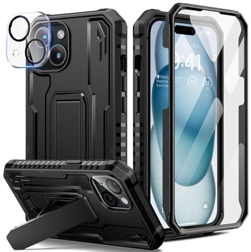 seacosmo für iPhone 15 Hülle Mit Ständer, 360 Grad Stoßfeste Militär Case Eingebautem Panzerglas Displayschutz und Kamera Schutzfolie [9H HD], Outdoor Handyhülle für iPhone 15 - Schwarz