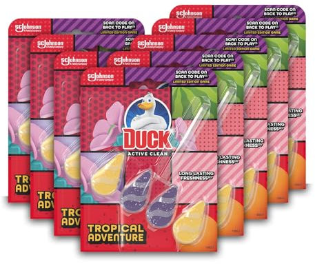 Duck Active Clean Toilet Rim Block, Foaming Toilet Bowl Cleaner, Long-lasting Fragrance, Tropical Adventure, Pack of 8 (8 x 38.6g)
