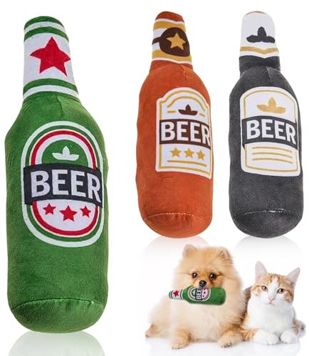 HOMURY 3 Stück Quietschend Weicher Bierflasche Katze Spielsachen, Plüsch-Hundespielzeug mit Katzenminzepapier, Plüsch Bierflasche Spielzeug, Kauspielzeug für Katzen und Hunde