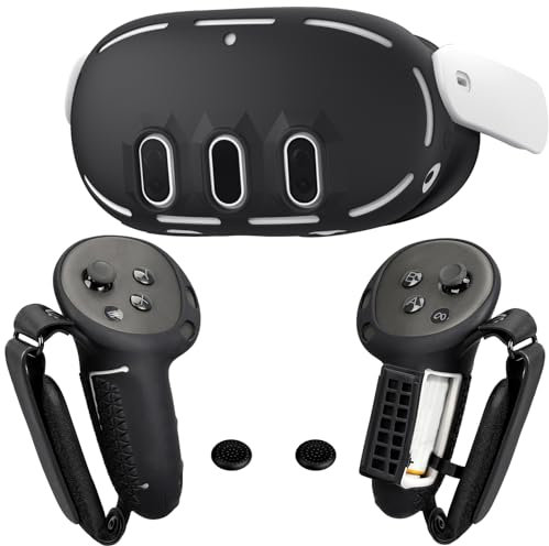 Controller Grips Cover VR Headset Shell Silicone Case Compatible with Meta/Oculus Quest 3 Accessories, Battery Opening Controller Grips Front Shell Headset Cover Skin Protector (Black)