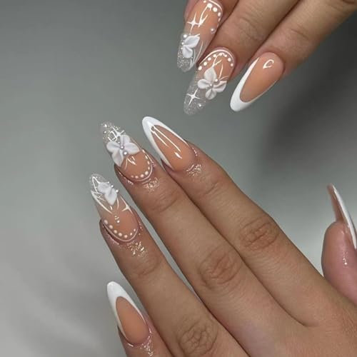 24pcs Long Almond False Nails French Tip White Edge Stick on Nails Bow-knot Press on Nails Silver Glitter False Nails Removable Glue-on Nails Full Cover Fake Nails Women Brides Nail Art Accessories