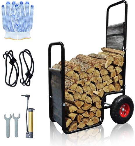 Doublehorse Kaminholzwagen, 68,6 x 50,8 x 111,8 cm, Stahl, pneumatische Räder, Grau