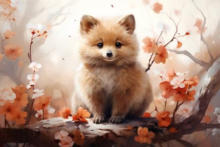 adrium Acryl-Bild 50 x 30 cm: Pommerscher Hund in einem blühenden Garten. Digitale Malerei auf Leinwand (212870849)