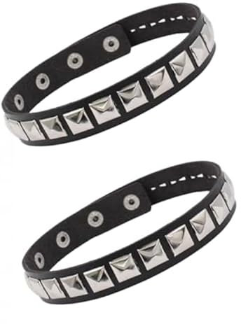 2pcs Leather Studded Punk Bracelet for Men Women 80s, Leather Square Stud Side by Side Collar Punk Accessories Rock Bracelet,Black Armband With Silver Studs,Perfect for Cosplay,Stage Performance,Party