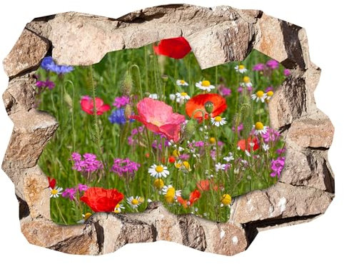 Indigos UG - 3D Optik Wandtattoo - 40x23 cm - Wandaufkleber - Blumenwiese Mohnblume - Durchbruch Wanddeko - Steinwand - Landschaft, Ausblick - für Wohnzimmer, Schlafzimmer, Küche, Bad, Kinderzimmer