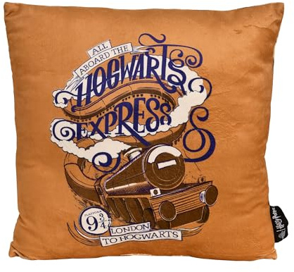 Elbenwald Harry Potter Kissen mit Hogwarts Express Design - 40 x 40 cm - mit Express Ticket auf der Rückseite - Für Herren Damen Unisex - Geschenkidee - Dekokissen - Braun