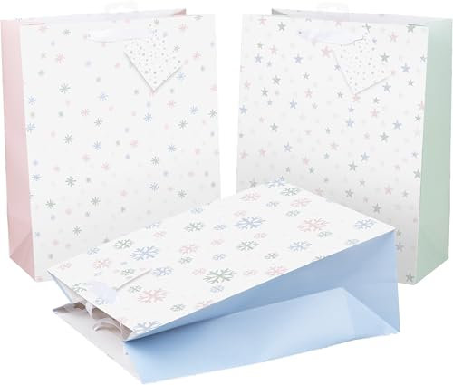 HEKU 24 XL Weihnachts-Geschenktaschen, 33x26x13cm I Winterliche Pastell-Motive mit Glitter-Effekt I Drei Farben I Inklusive Klappkärtchen I Hochwertiges Papier I Ideal für große Weihnachtsgeschenke