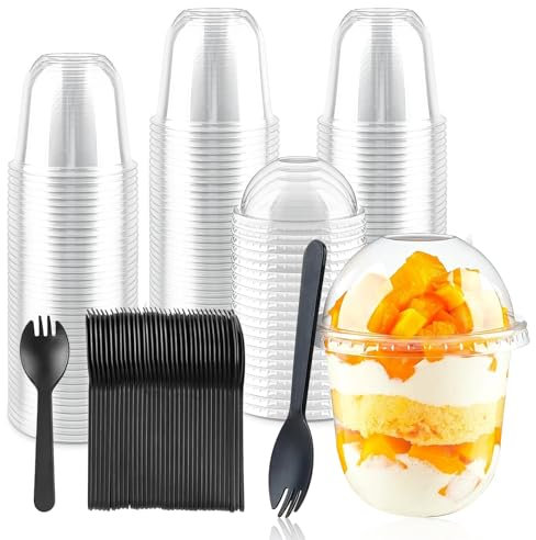 Forhandy Lot de 60 verres à dessert, 360 ml, avec couvercles et cuillères, transparents, ronds, réutilisables, en plastique, pour bricolage, dessert, mousse, glace, fête prénatale, fête de Noël