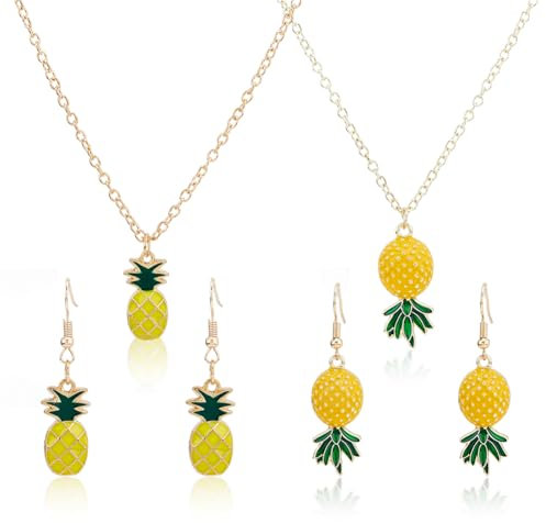 SUPERFINDINGS 2 Sets Obst Schmuckset Mit Halsketten Mit Ananas Anhänger Sommer Ohrhänger Modische Tropfen Ohrringe Niedliche Halskette Aus Legierung Mit Tropischem Charme Schmuckset Für Frauen Mädchen