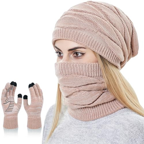 KIRAAT Damen Slouchy Beanie Schal Handschuhe Set für Mädchen Warme Strick Winter Ski Hut mit Fleece gefüttert (Rosa)