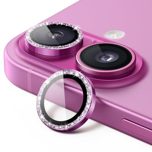 JETech Camera Lens Protector for iPhone 16 6.1-Inch and iPhone 16 Plus 6.7-Inch, Bling Glitter Individual 9H Tempered Glass Metal Ring Cover, HD Clear, 1 Set (Pink)