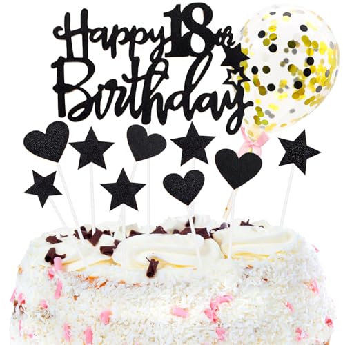 XIANGLONGY Tortendeko 18. Geburtstag Mädchen/Junge, Schwarz, Happy Birthday Cake Topper mit Konfetti, Luftballon, Glitzer DIY Geburtstagskuchen Deko, Happy Birthday Kuchen Deko 18 Jahre