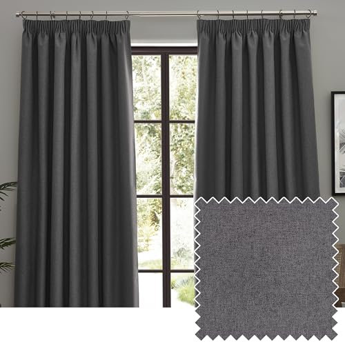 furn. Dawn Textured Blackout Pencil Pleat Curtains – Thermal Lined Pair (Charcoal - Width 168 x Drop 229cm)