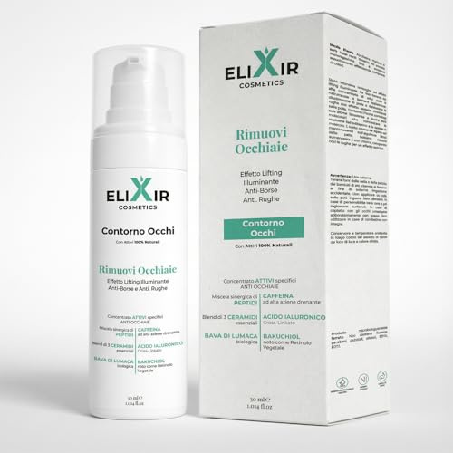 Elixir Crema Contorno Occhi Rimuovi Occhiaie con Bava di Lumaca Bio, Retinolo Vegetale, Acido Ialuronico e Caffeina. Distende le Rughe, Attenua il Gonfiore e l’Alone Scuro sotto gli occhi - 30ml