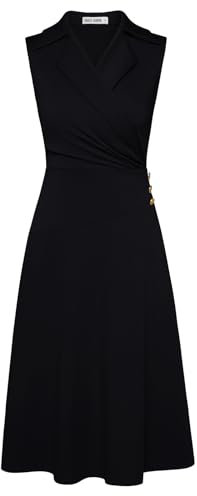 Kleid Damen Sommer Ärmellos V-Ausschnitt A-Linie Wickelkleid Formelle Business Büro Bleistiftkleid Schwarz L
