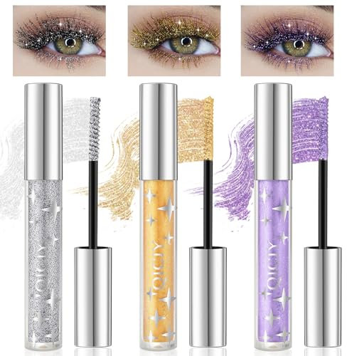 Glitter Schimmer Farbige Wimperntusche für Wimpern,Glitzer Mascara, Glitzer Wimperntusche,Langanhaltende Glitzer Color Mascara for Party,Cosplay and Wedding (3 Pcs Silver/Gold/Purple)