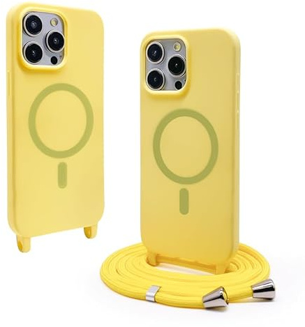 CUZZCASE Funda Magnética Compatible con iPhone 15 Pro(6.1),(Compatible con MagSafe Carga Inalámbrica), Ajustable Collar Correa Silicona Carcasa-Amarillo