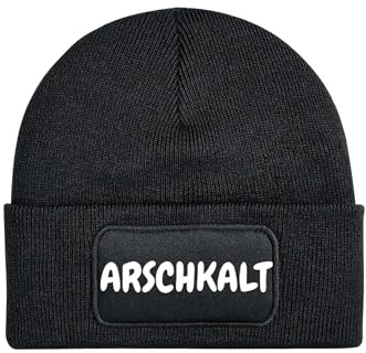 NIMAMA Mütze Beanie ARSCHKALT Wintermütze Statement Spruch Print Geschenk Unisex Strickmütze für Herren und Damen - Schwarz