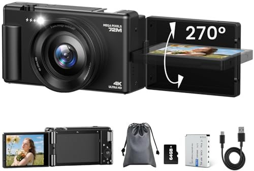 Digital Camera 4K, 72MP Autofocus Vlogging Camera for Youtube with 2.8 270°Flip Screen, 4K Compact Digital Cameras With 64GB Card 18X Digital Zoom For Beginner, Teenagers