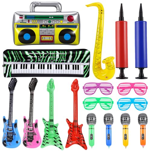 Cptoion Aufblasbare Instrumente, Party Props Für Kinder, 17 Stück | Luftgitarre Saxophon Mikrofon Beth Lautsprecher Shading Gläser, Aufblasbaren Musikinstrumente for Rock Party Deko