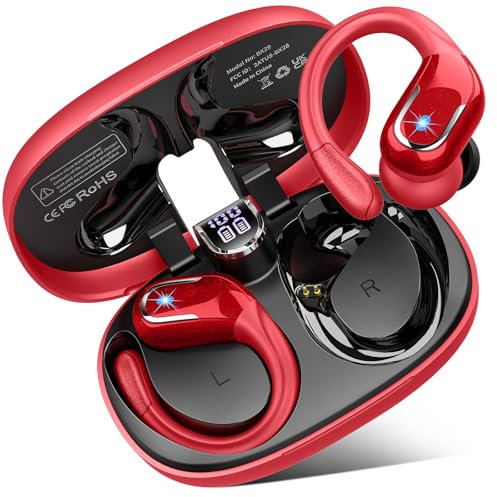 Wireless Earbuds, Bluetooth 5.3 Headphones Sport, 75H Hi-Fi Stereo Wireless Earphones with 4 ENC Noise Canceling Mic, IP7 Waterproof Over Ear Buds with Earhooks, LED Display Bluetooth Earbuds, Red
