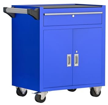 Robuster mobiler Werkzeugschrank, industrieller Werkzeugwagen aus Stahl mit Rollen, 1 Schublade, perfekt für Werkstatt und Garage, Werkzeugaufbewahrung, blaues Design
