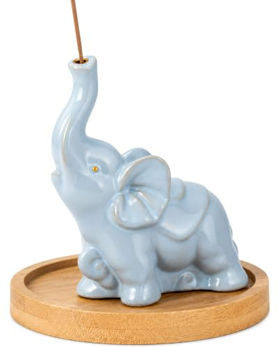 Porte-encens en céramique en forme d'éléphant avec récupérateur de cendres, décoration Feng Shui, cadeau pour les amateurs de yoga, de méditation, figurine bleu gris et plateau en bois (8,9 cm)